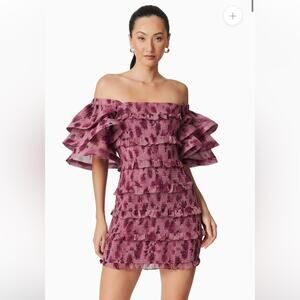 elliatt monica purple sheer floral ruffle tiered shirred mini dress size small